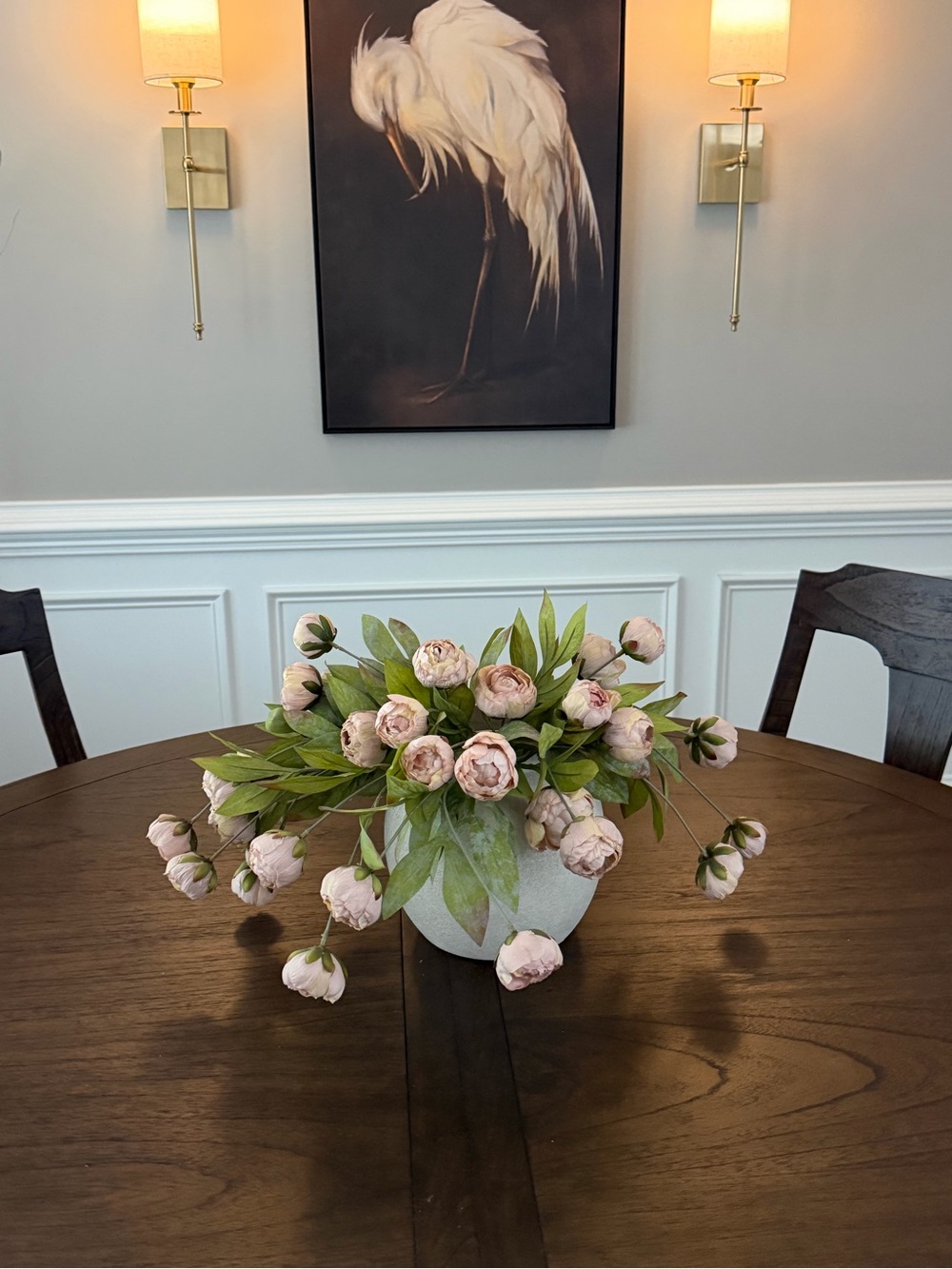 (8) viral Ashland tan peony stems (32 buds total)  from Michael’s w/pottery vase